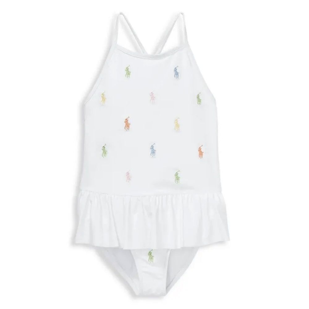 NWT POLO RALPH LAUREN GIRLS MULTICOLOR LOGO PEPLUM ONE PIECE SWIMSUIT $65